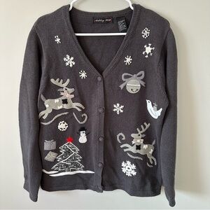 Ashley Hill Sweater Cardigan Womens Size Medium Gray White Christmas Vintage